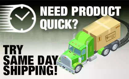 Illustration of a transport truck with a Canarm package as the trailer. Text that says 'Need product quick? Try same day Shipping!'